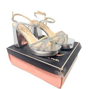 Nina Platform Sandals Women 9.5M Silver Rhinestone Block Heel Dress Shoes